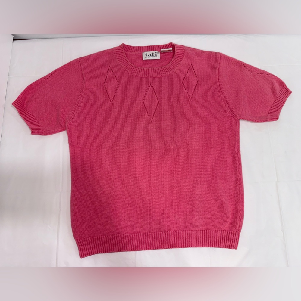Vintage Tabi International Women Pink Knit Crewneck T-Shirt with Diamond Stitch